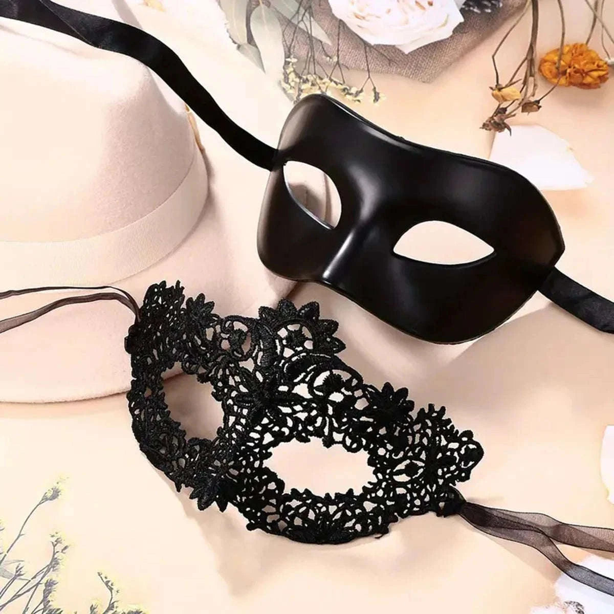 Elegant Black Lace Masquerade Mask Set for Couples-Womens style
