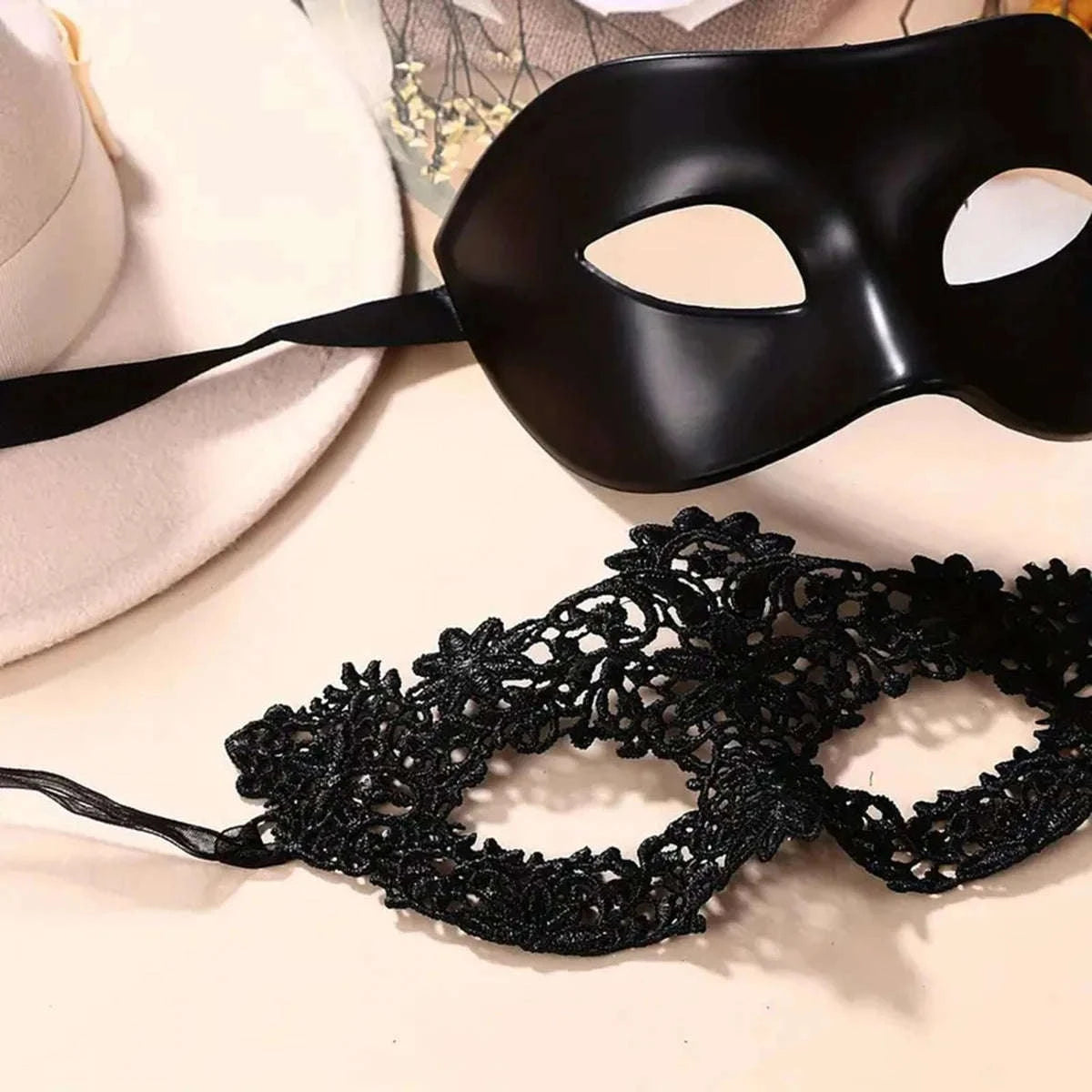 Elegant Black Lace Masquerade Mask Set for Couples-Womens style