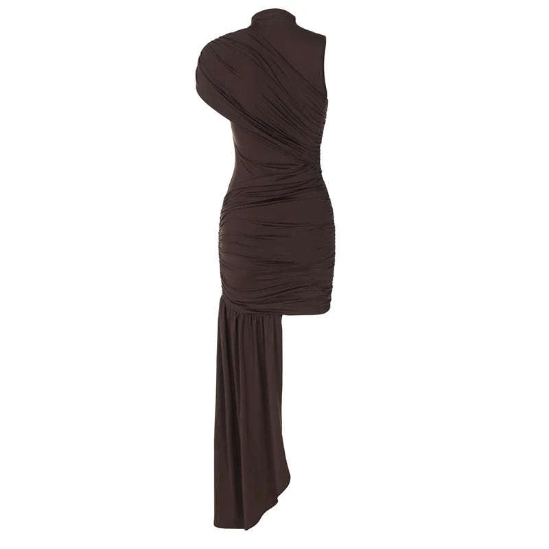 Elegant Irregular Draped Ruched Dress-Coffee / L