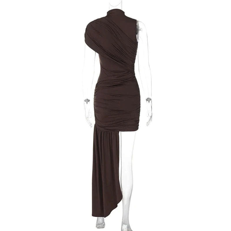 Elegant Irregular Draped Ruched Dress-Coffee / L