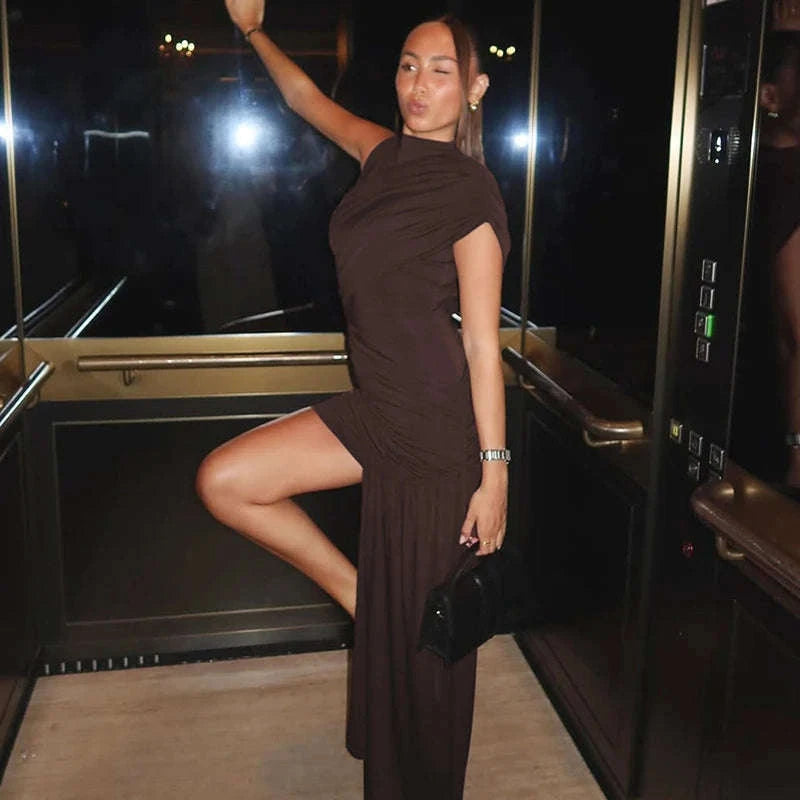 Elegant Irregular Draped Ruched Dress-Coffee / L