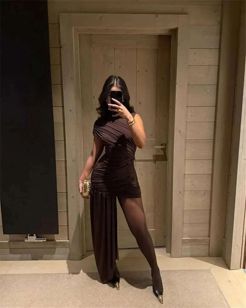 Elegant Irregular Draped Ruched Dress-Coffee / L