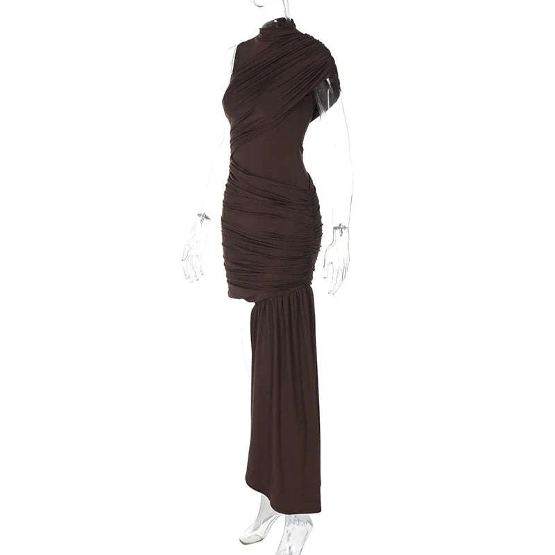 Elegant Irregular Draped Ruched Dress-Coffee / L