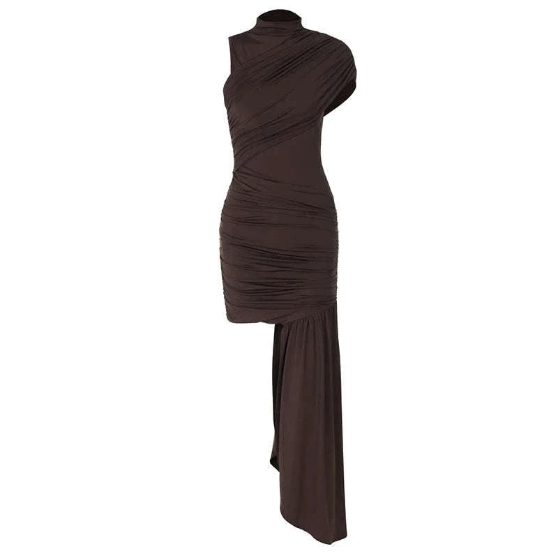 Elegant Irregular Draped Ruched Dress-Coffee / L