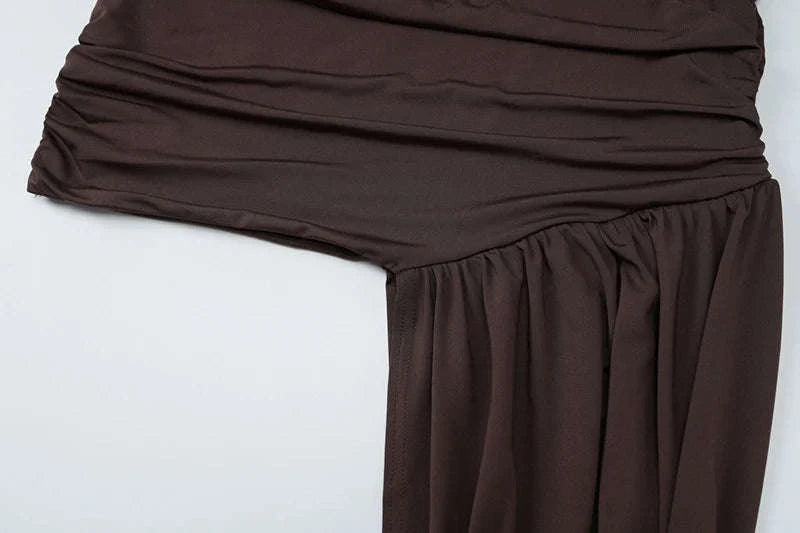 Elegant Irregular Draped Ruched Dress-Coffee / L