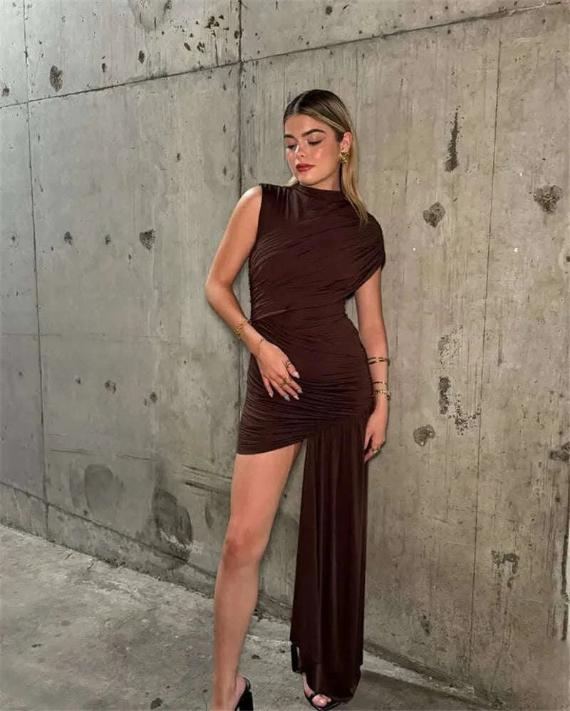 Elegant Irregular Draped Ruched Dress-Coffee / L