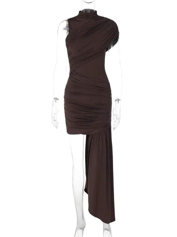 Elegant Irregular Draped Ruched Dress-Coffee / L