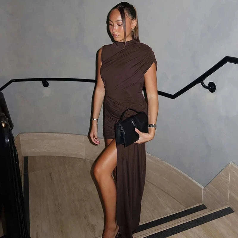 Elegant Irregular Draped Ruched Dress for a Flattering Look-Coffee / L