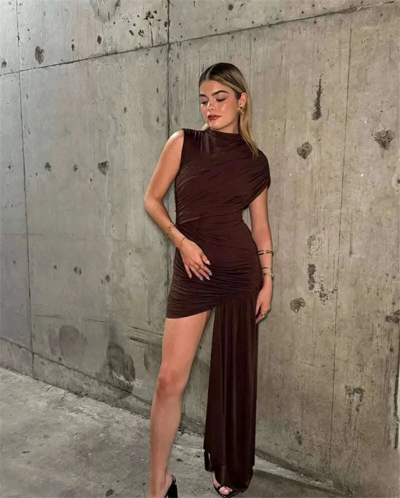Elegant Irregular Draped Ruched Dress for a Flattering Look-Coffee / L