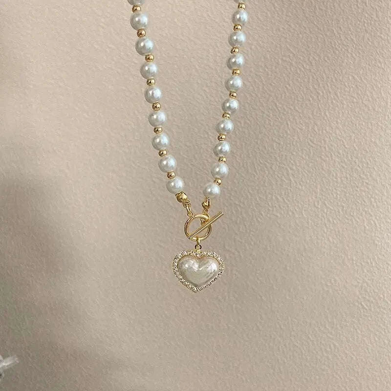 Elegant Pearl Necklace with Heart Pendant-pearl necklace