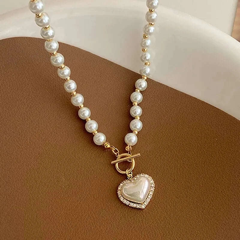 Elegant Pearl Necklace with Heart Pendant-pearl necklace