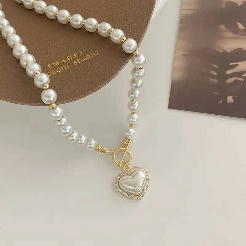 Elegant Pearl Necklace with Heart Pendant-pearl necklace