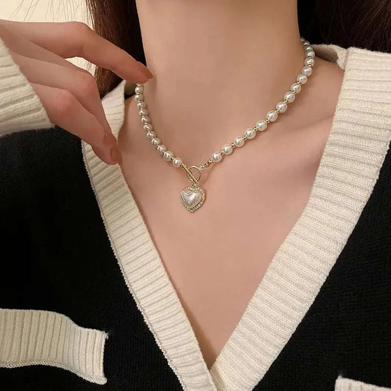 Elegant Pearl Necklace with Heart Pendant-pearl necklace
