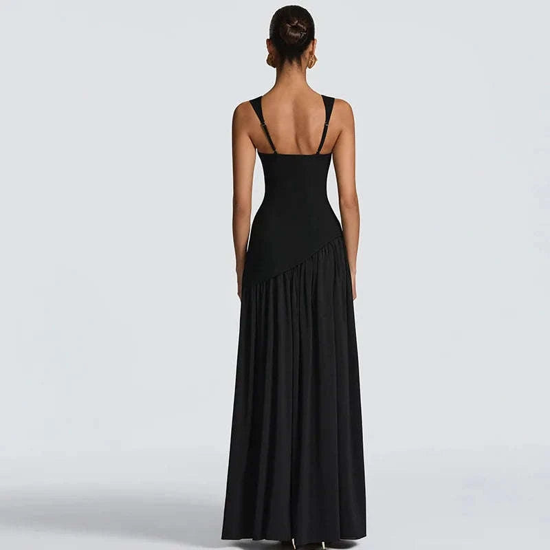Elegant Sleeveless High Waist Slit Dress with Belted Sash-S / Navy blue