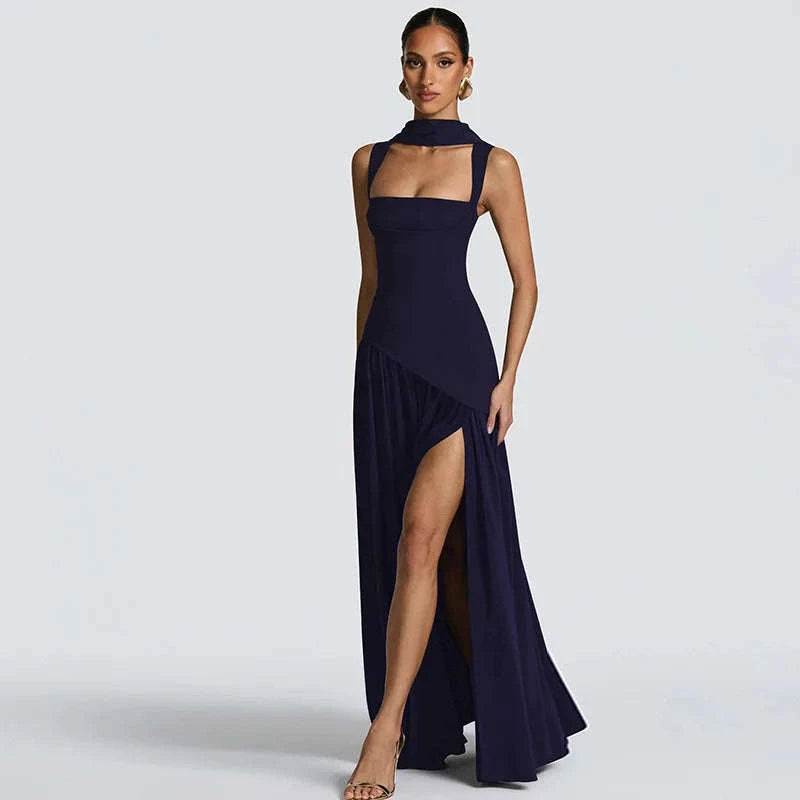 Elegant Sleeveless High Waist Slit Dress with Belted Sash-S / Navy blue