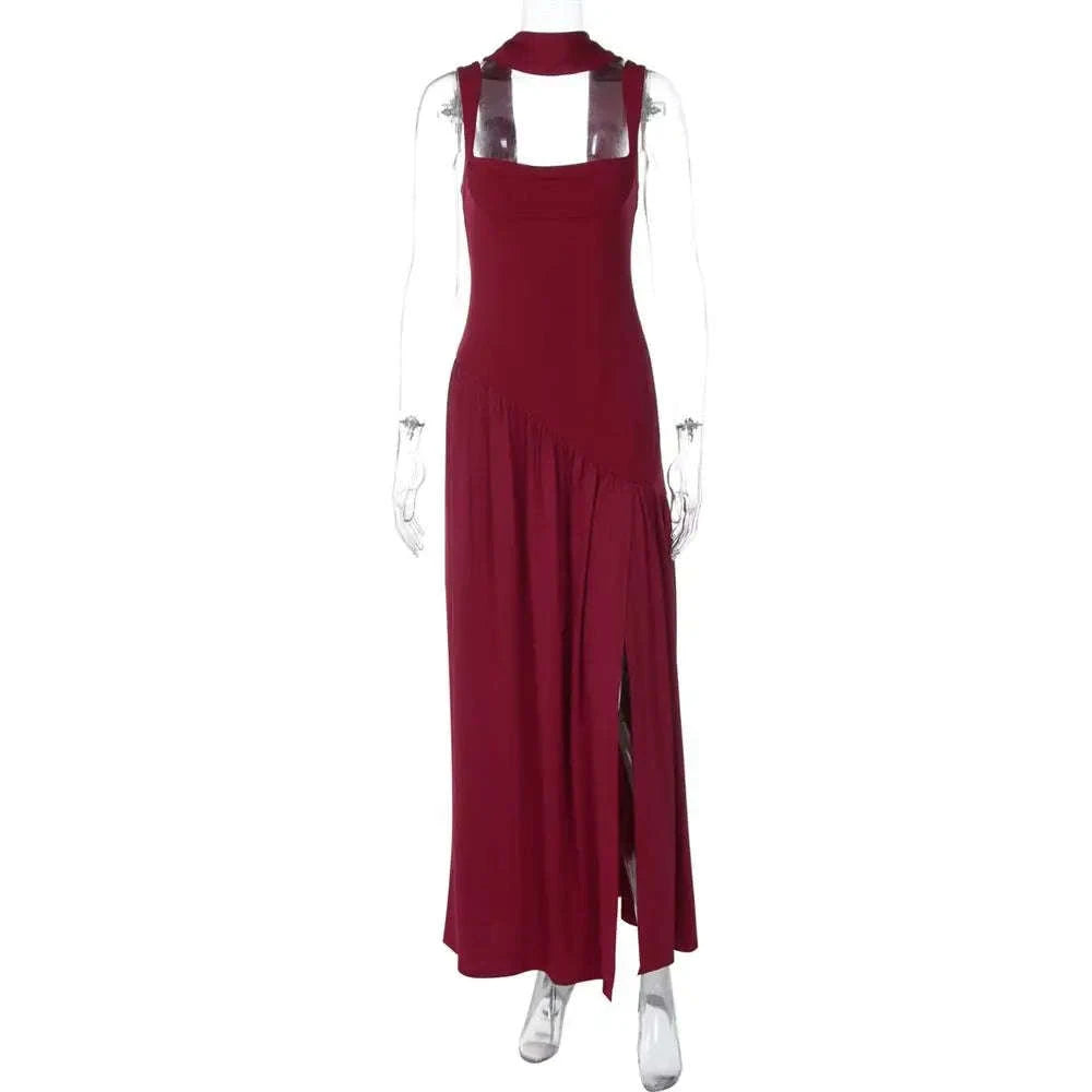 Elegant Sleeveless High Waist Slit Dress with Belted Sash-S / Navy blue