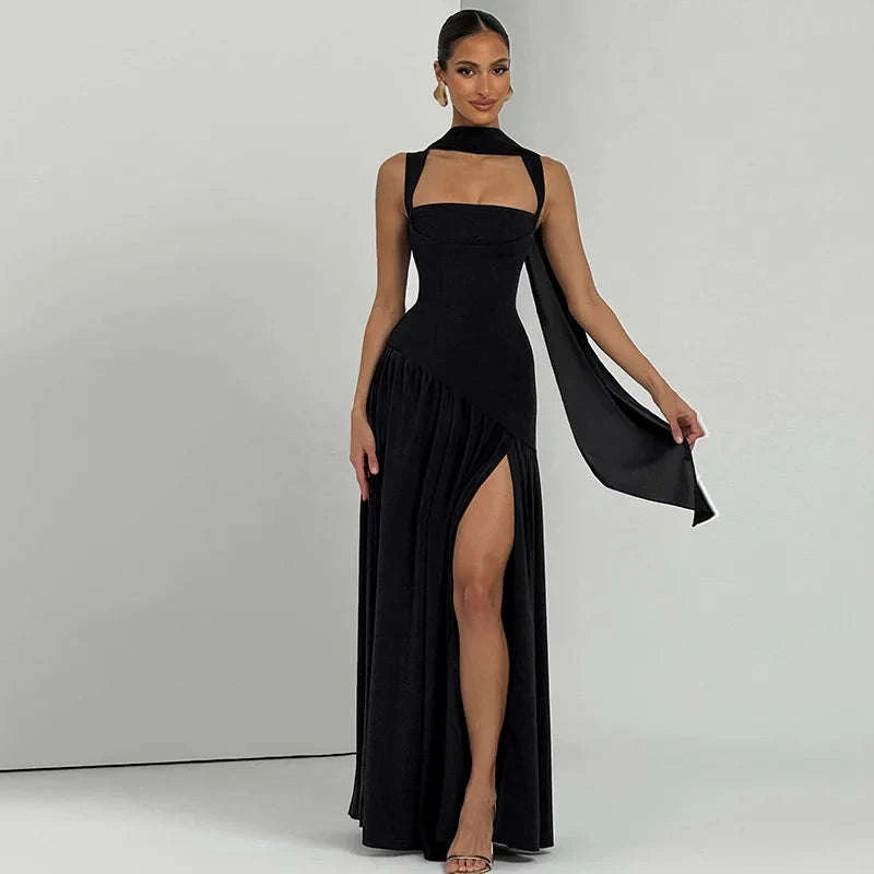 Elegant Sleeveless High Waist Slit Dress with Belted Sash-S / Navy blue