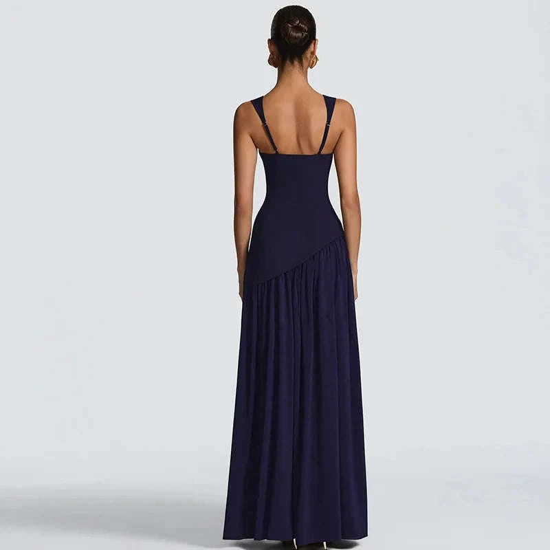 Elegant Sleeveless High Waist Slit Dress with Belted Sash-S / Navy blue