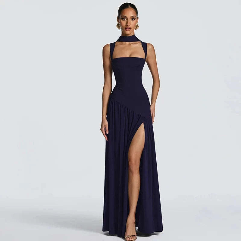 Elegant Sleeveless High Waist Slit Dress with Belted Sash-S / Navy blue