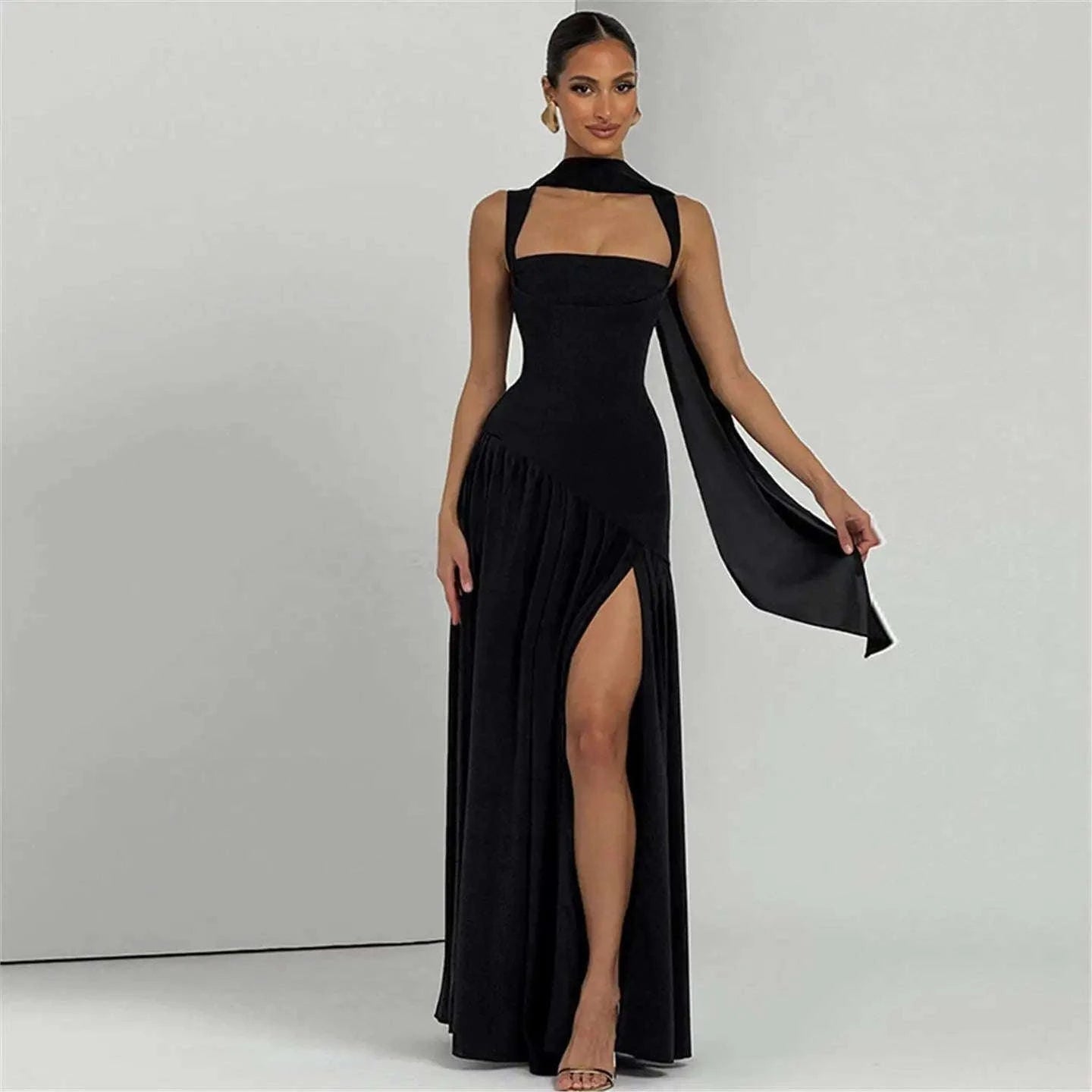 Elegant Sleeveless High Waist Slit Dress with Belted Sash-S / Navy blue