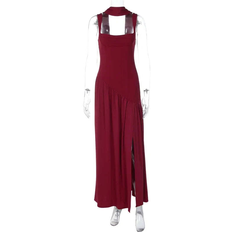 Elegant Sleeveless High Waist Slit Dress with Belted Sash-S / Navy blue