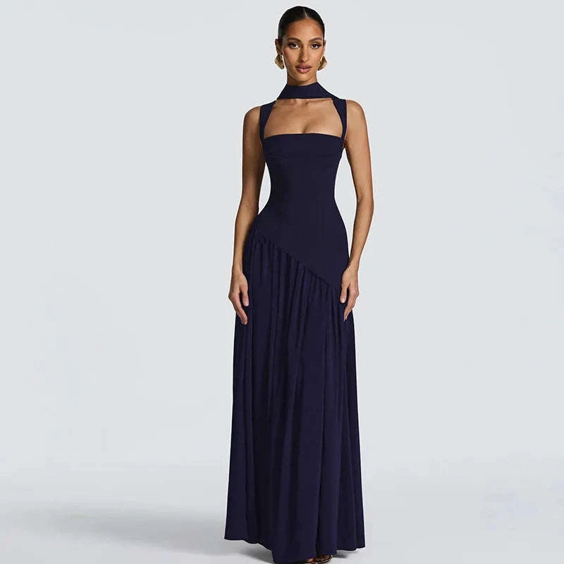 Elegant Sleeveless High Waist Slit Dress with Belted Sash-S / Navy blue
