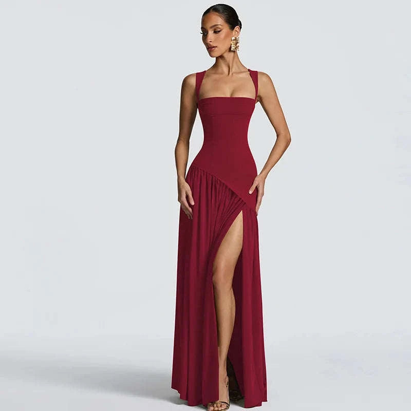 Elegant Sleeveless High Waist Slit Dress with Belted Sash-S / Navy blue