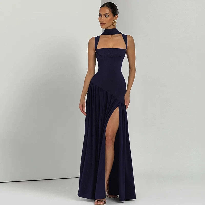 Elegant Sleeveless High Waist Slit Dress with Belted Sash-S / Navy blue