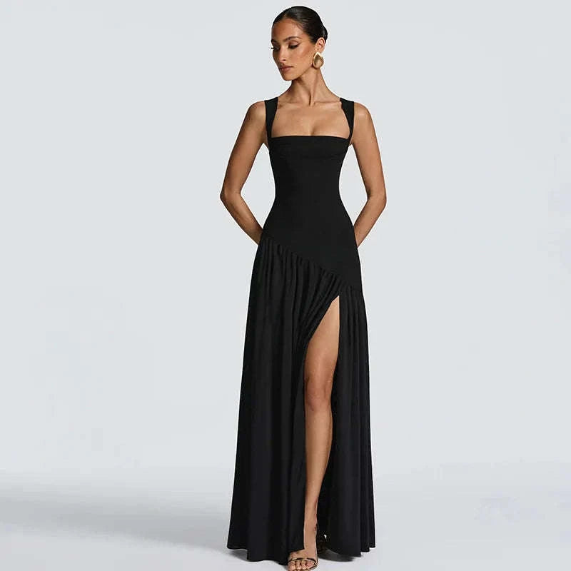 Elegant Sleeveless High Waist Slit Dress with Belted Sash-S / Navy blue