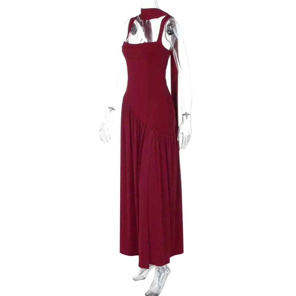 Elegant Sleeveless High Waist Slit Dress with Belted Sash-S / Navy blue