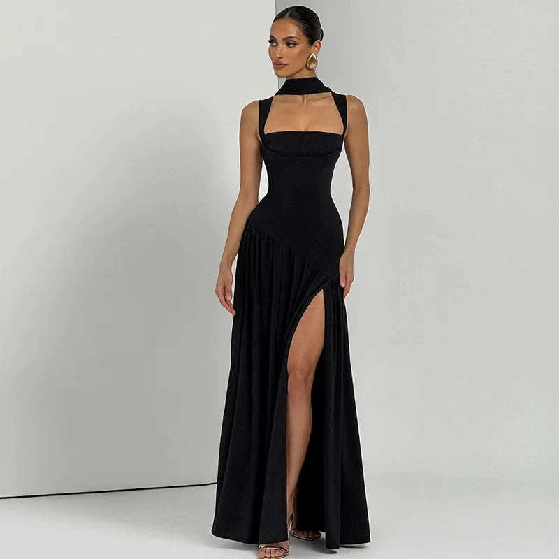 Elegant Sleeveless High Waist Slit Dress with Belted Sash-S / Navy blue