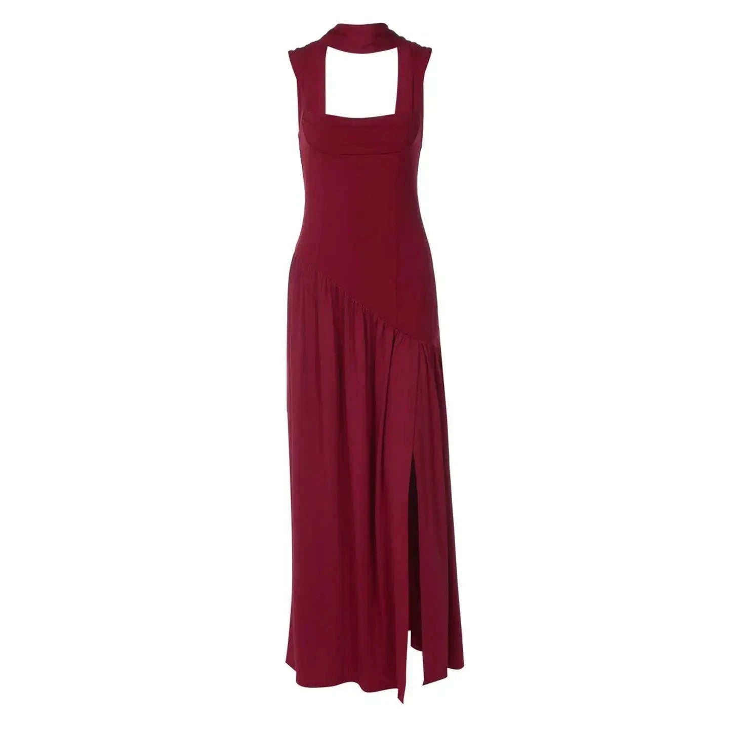 Elegant Sleeveless High Waist Slit Dress with Belted Sash-S / Navy blue