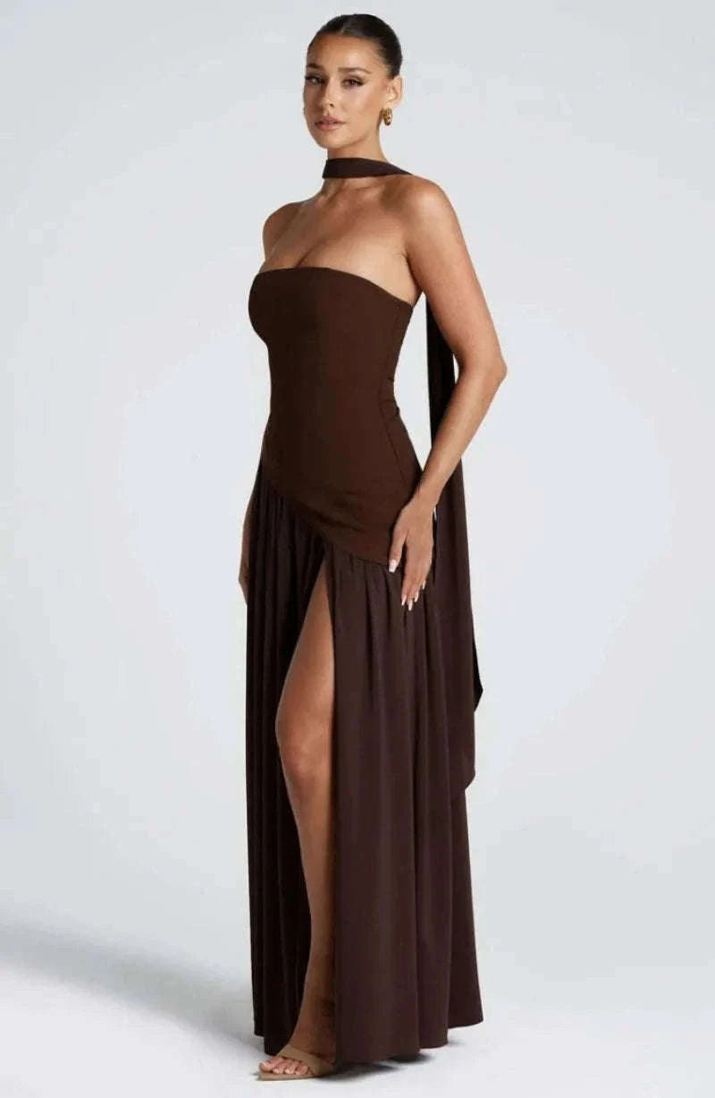 Elegant Strapless Floor-Length Women’s Slit Backless Evening Dress-Brown / XL