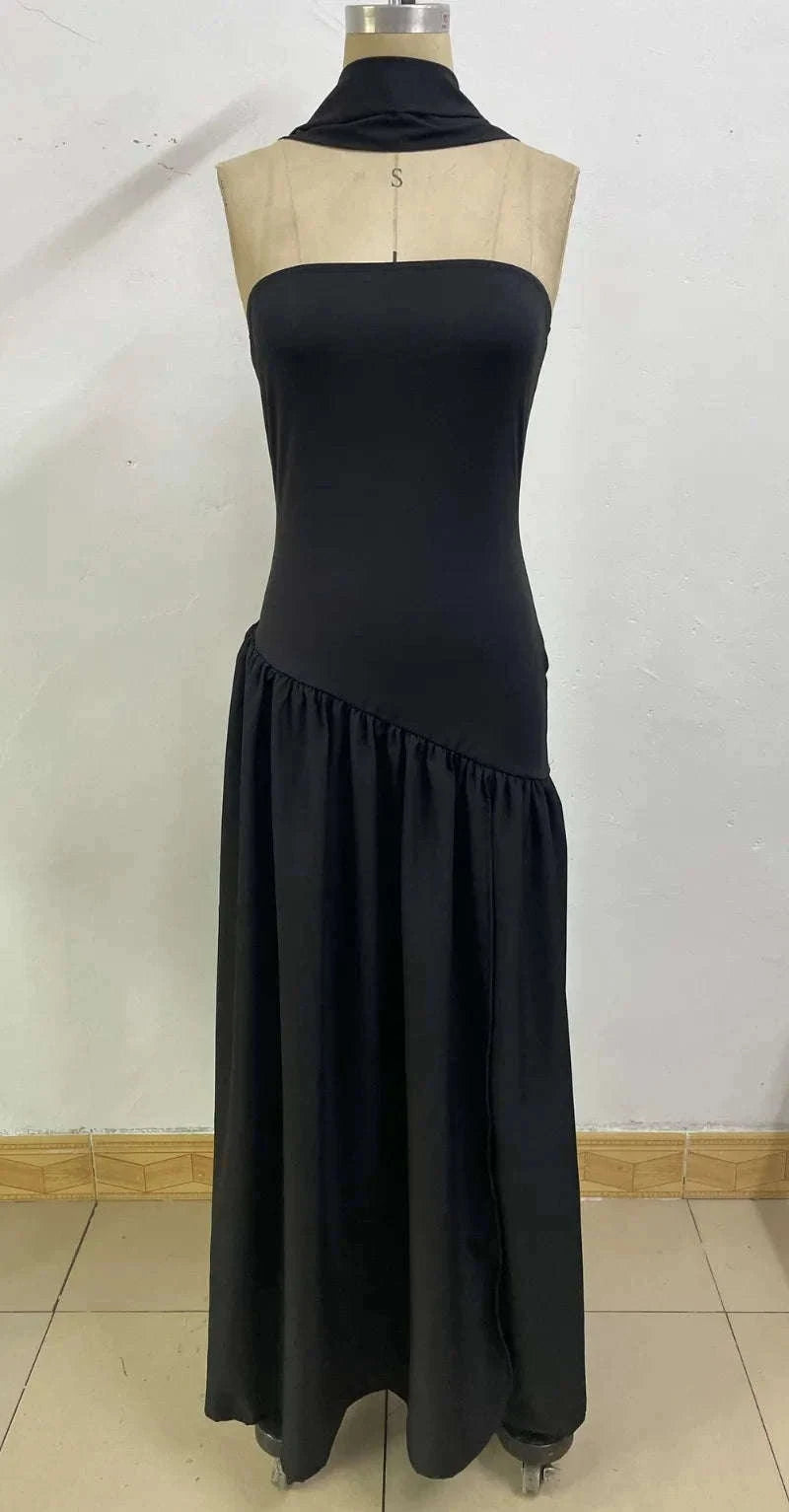 Elegant Strapless Floor-Length Women’s Slit Backless Evening Dress-Brown / XL