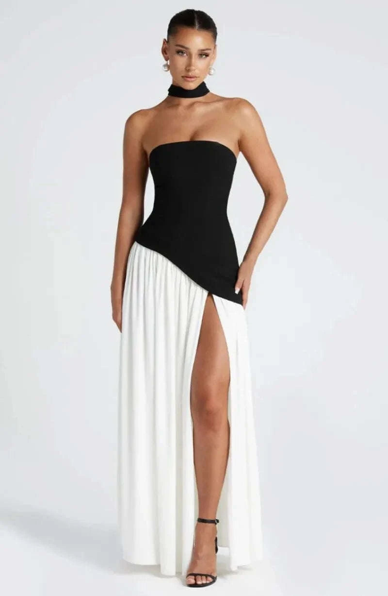 Elegant Strapless Floor-Length Women’s Slit Backless Evening Dress-Brown / XL