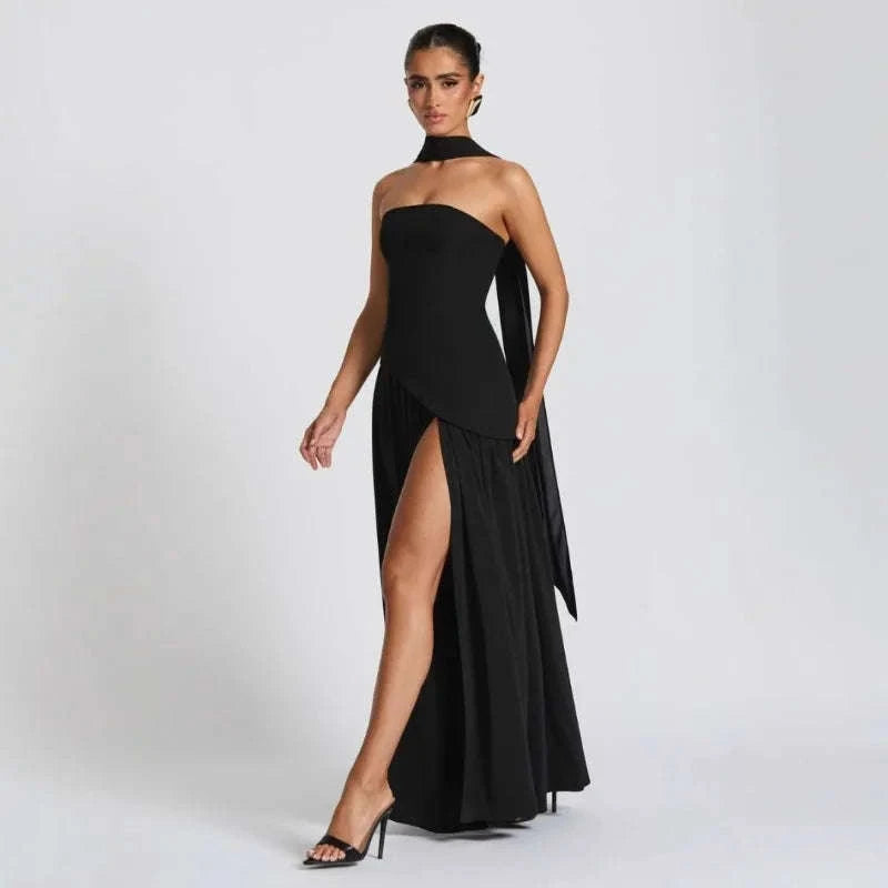 Elegant Strapless Floor-Length Women’s Slit Backless Evening Dress-Brown / XL