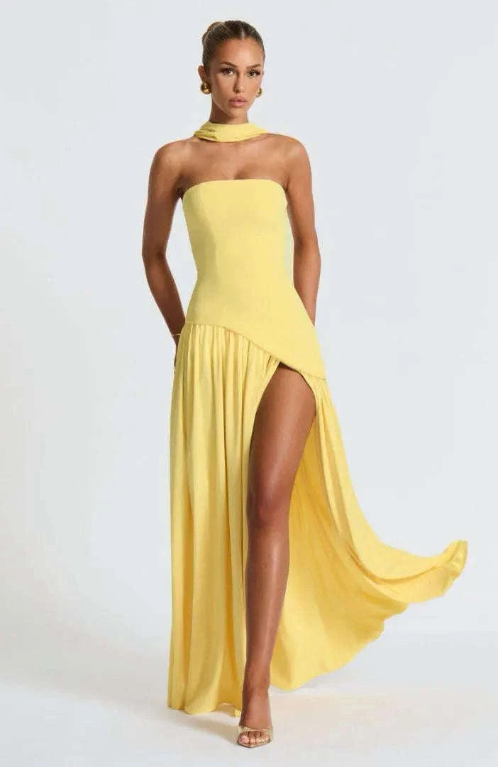 Elegant Strapless Floor-Length Women’s Slit Backless Evening Dress-Brown / XL