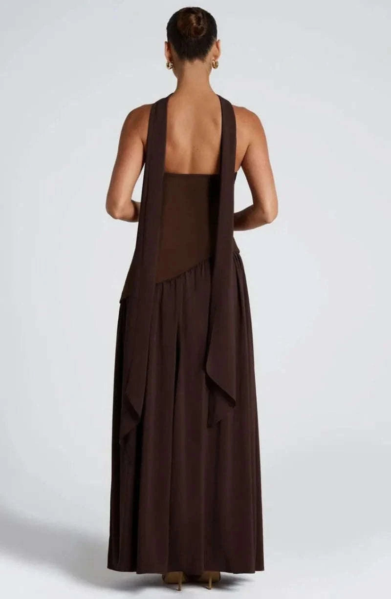Elegant Strapless Floor-Length Women’s Slit Backless Evening Dress-Brown / XL