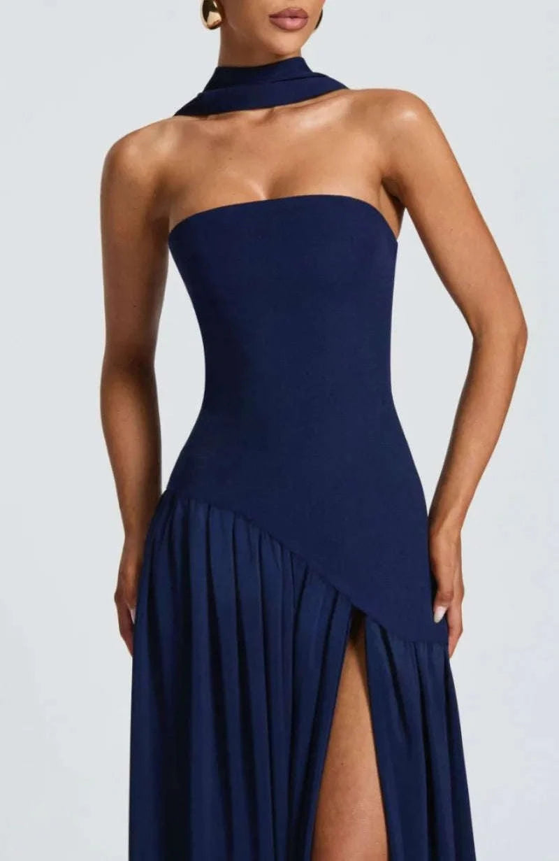 Elegant Strapless Floor-Length Women’s Slit Backless Evening Dress-Brown / XL
