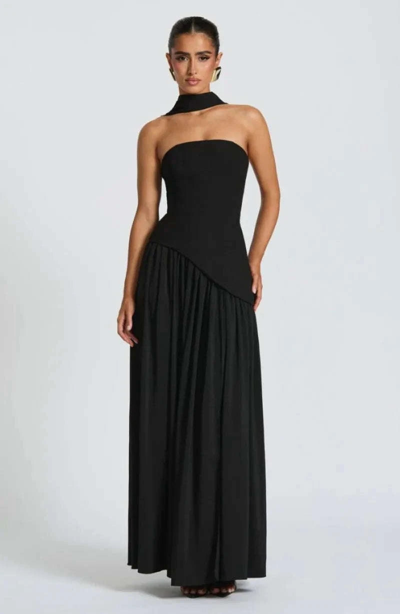 Elegant Strapless Floor-Length Women’s Slit Backless Evening Dress-Brown / XL