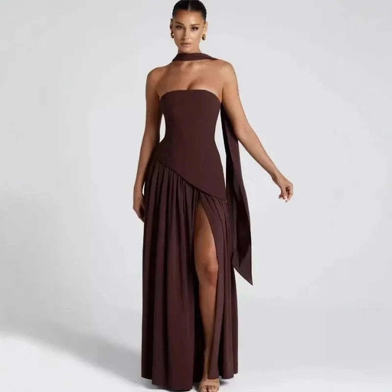 Elegant Strapless Floor-Length Women’s Slit Backless Evening Dress-Brown / XL