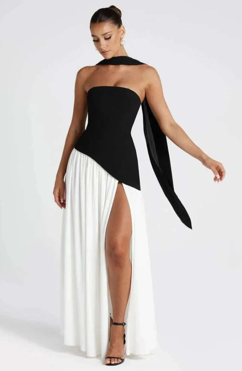 Elegant Strapless Floor-Length Women’s Slit Backless Evening Dress-Brown / XL