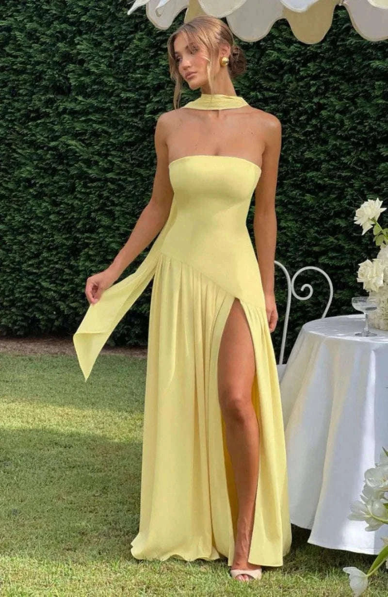 Elegant Strapless Floor-Length Women’s Slit Backless Evening Dress-Brown / XL