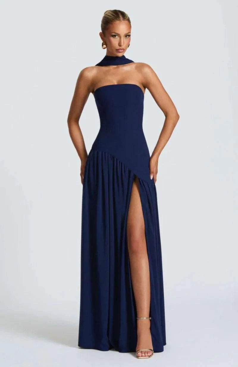 Elegant Strapless Floor-Length Women’s Slit Backless Evening Dress-Brown / XL