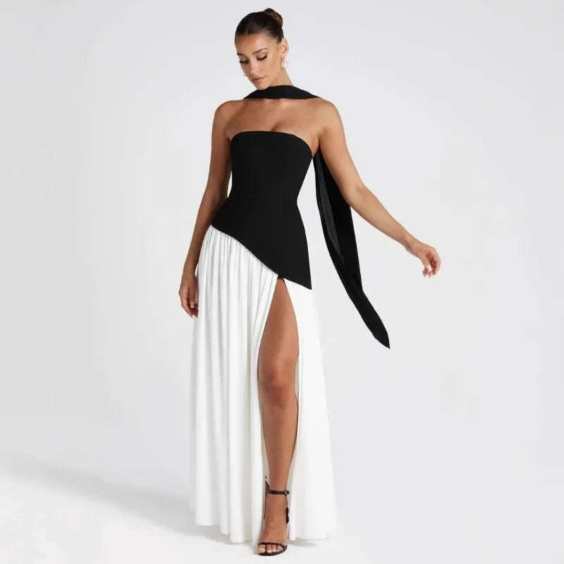 Elegant Strapless Floor-Length Women’s Slit Backless Evening Dress-Brown / XL