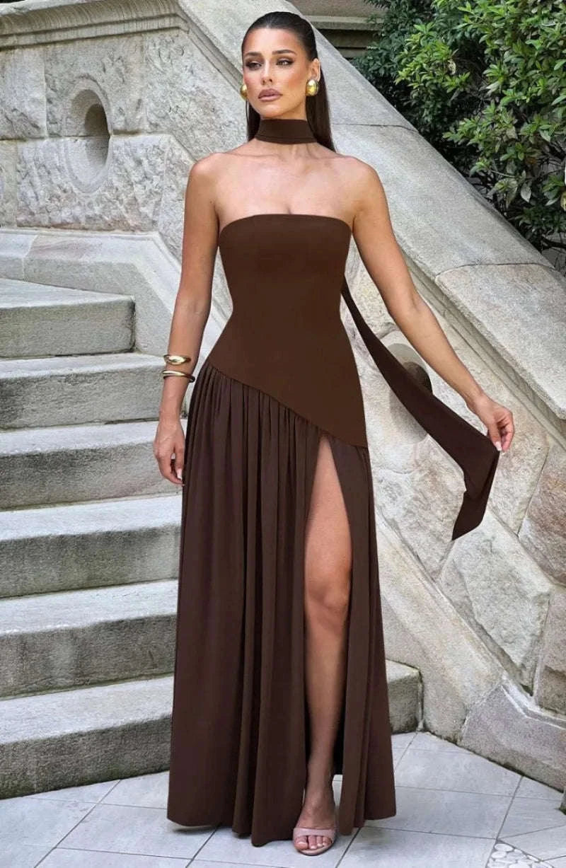 Elegant Strapless Floor-Length Women’s Slit Backless Evening Dress-Brown / XL