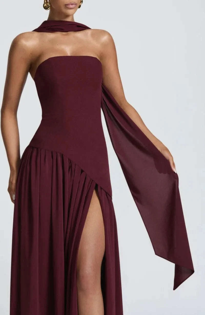 Elegant Strapless Floor-Length Women’s Slit Backless Evening Dress-Brown / XL