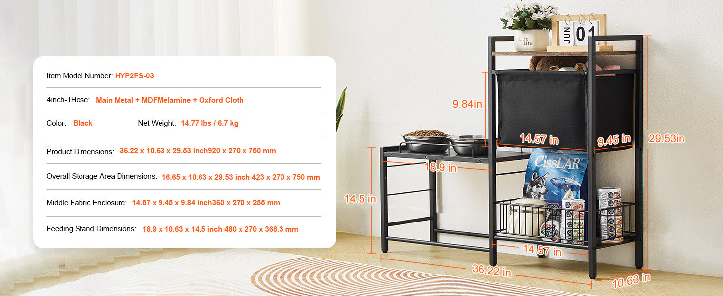 Pet Feeding Station with Storage, Elevated Dog Bowl Stand