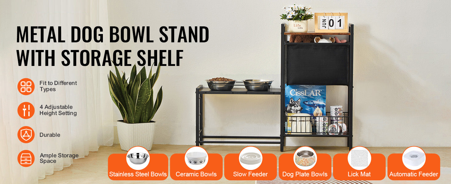 Pet Feeding Station with Storage, Elevated Dog Bowl Stand