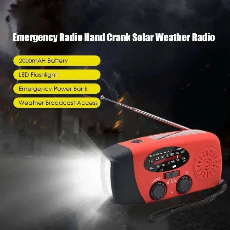 Emergency Hand Crank Radio with Solar Power and LED Light-red